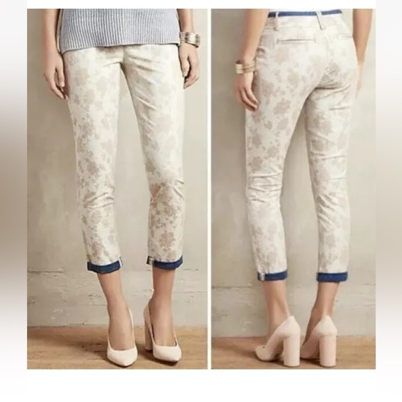 Cartonnier Pants - CARTONNIER BY ANTHROPOLOGIE Charlie Trouser Tan/White Floral and Chambray trim